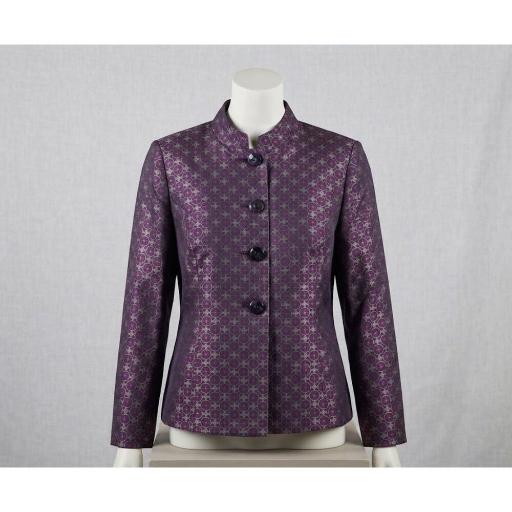 Liz Baker Women's Size 12 Purple Geometric Jacquard Button Up Jacket Blazer Bran
